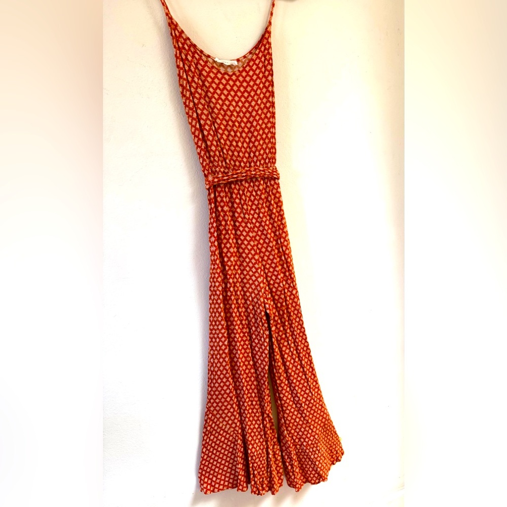 Lush medium jumpsuit in burnt orange, spaghetti straps, flare leg